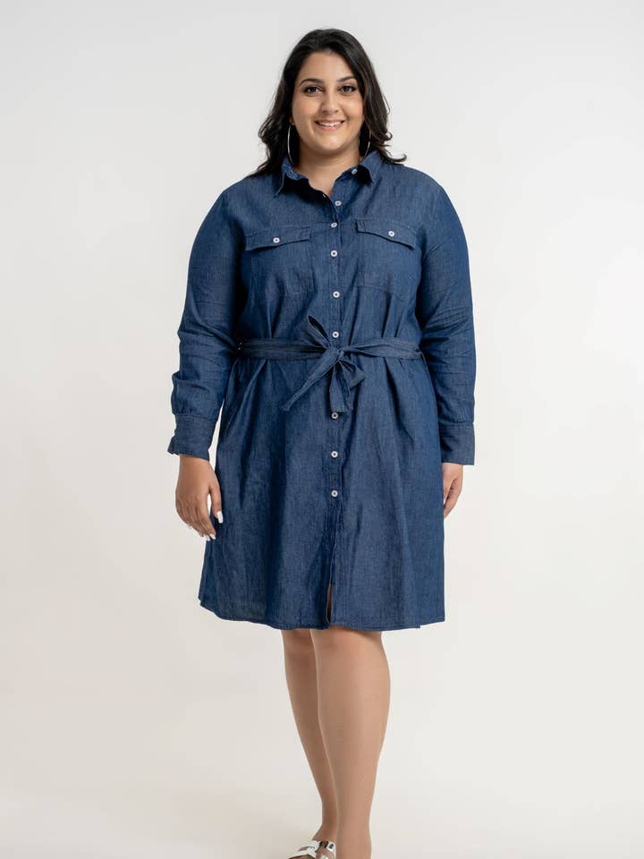Ladies Casual chambray long sleeve dress with double pockets for wholesale by Double XL