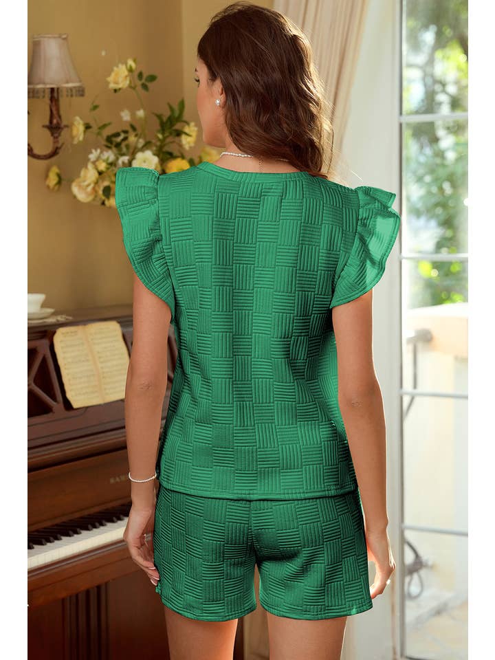 1 the Woman - Wholesale Top & Pant Set (NOT Loungewear) - Women's - Textured Ruffled Sleeve Tee and Drawstring Shorts Set
