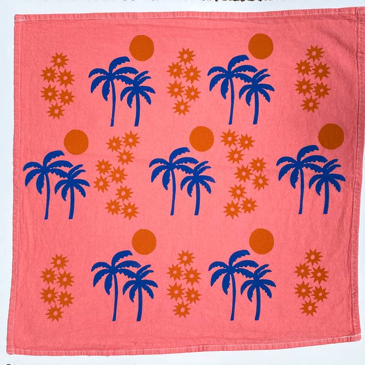 Julie Peach - Wholesale Tea Towel - Pink Palm Sunset 20" Tea Towel - Silkscreened 100% Cotton0