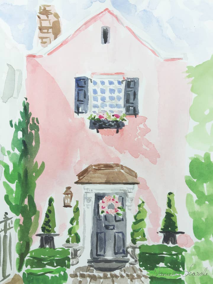 Impresión de casa rosa en acuarela Charleston para venta al por mayor de Sugar Snap Collection