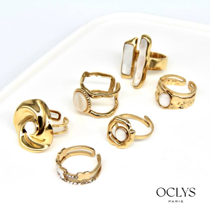 Lot de 12 bagues réglables nacrées acier inoxydable Aria pour la vente par Oclys