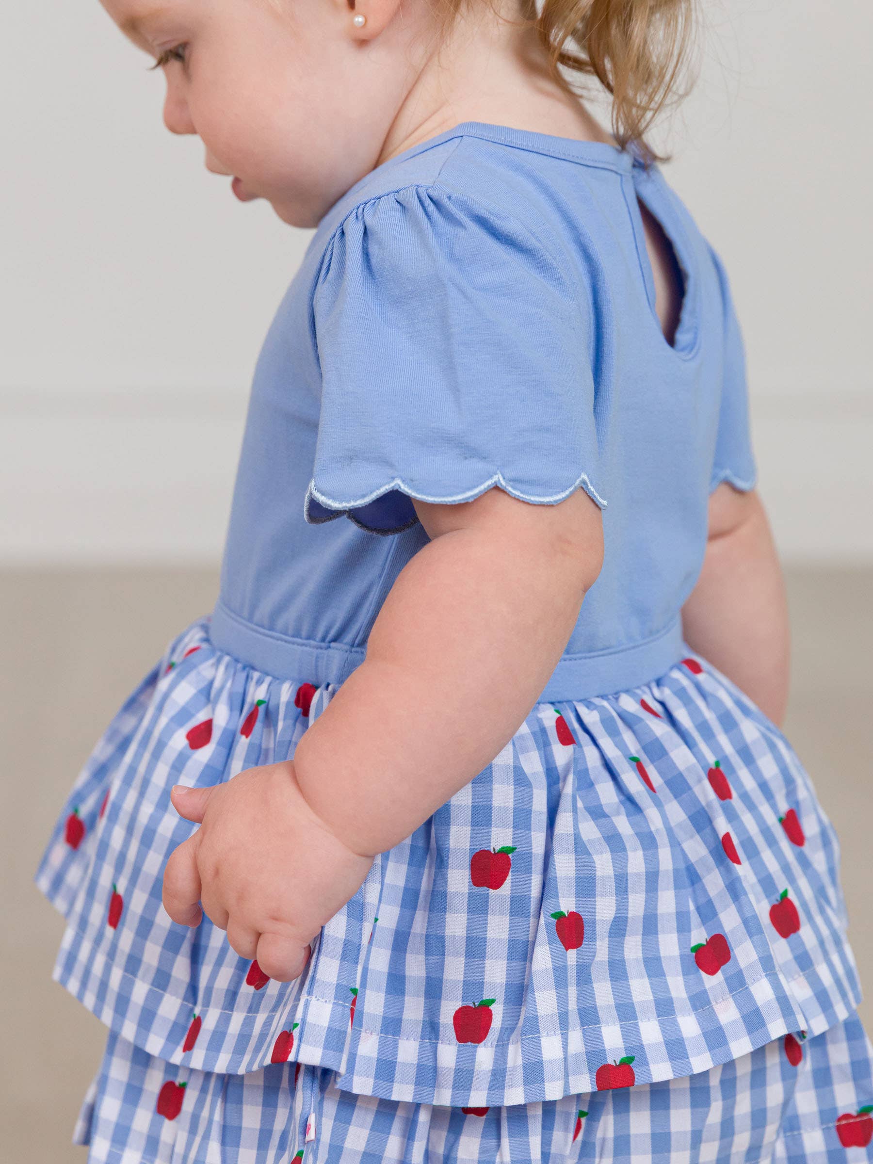Blue Baby Girls Apple Orchard Classic Gingham Short Sleeve Skirted Romper for wholesale on Faire4