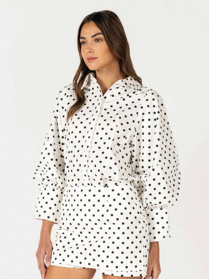 Two-Piece Polka Dot Set - Puff-Sleeve Blouse Matching Skort for wholesale by Reminiscence