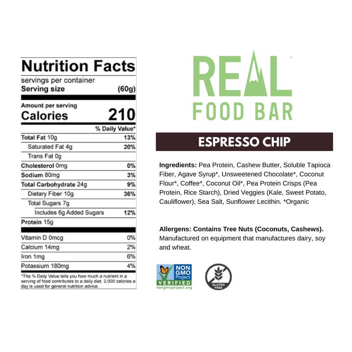 Real Food Bar - Wholesale Snack bar - Espresso Chip Protein Bar - 36 unit case pack (25.44 oz)1