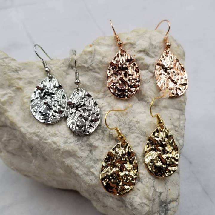 Hammered Teardrop Dangle Earrings - 3 Options for wholesale by The Pretty Jewellery