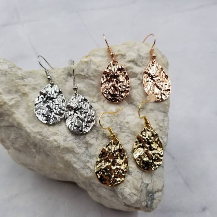 Hammered Teardrop Dangle Earrings - 3 Options for wholesale by The Pretty Jewellery