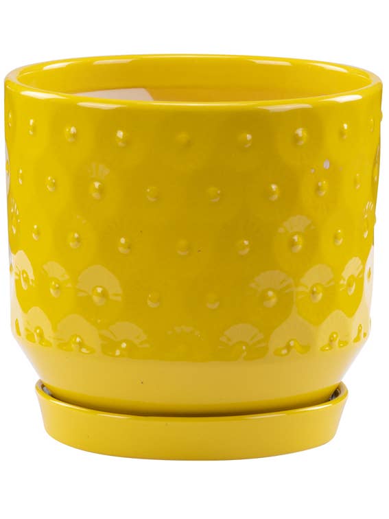 Yellow Embossed Circles Planter with Saucer #17861 for wholesale by Napco