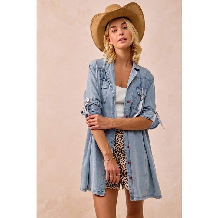 IVE - Wholesale Button Down Shirt - Women's - Washed Denim Roll Up Button Long Long Shirt