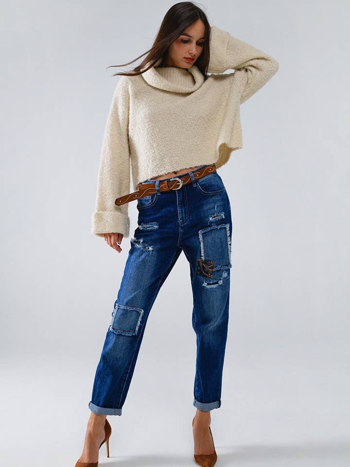 White knitted fluffy high neck sweater in cream for wholesale on Faire2