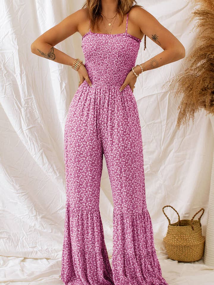 Lovesoft - Wholesale Jumpsuit - Dames - Jumpsuit met smalle bandjes en smockerlijfje en wijde pijpen en bloemenprint10