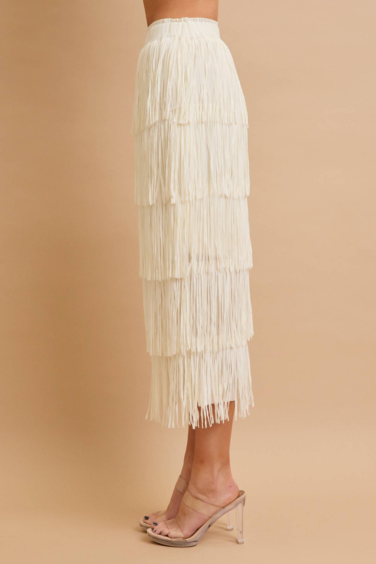 Ivory Tiered Fringe Skirt With Elastic Waist for wholesale on Faire4
