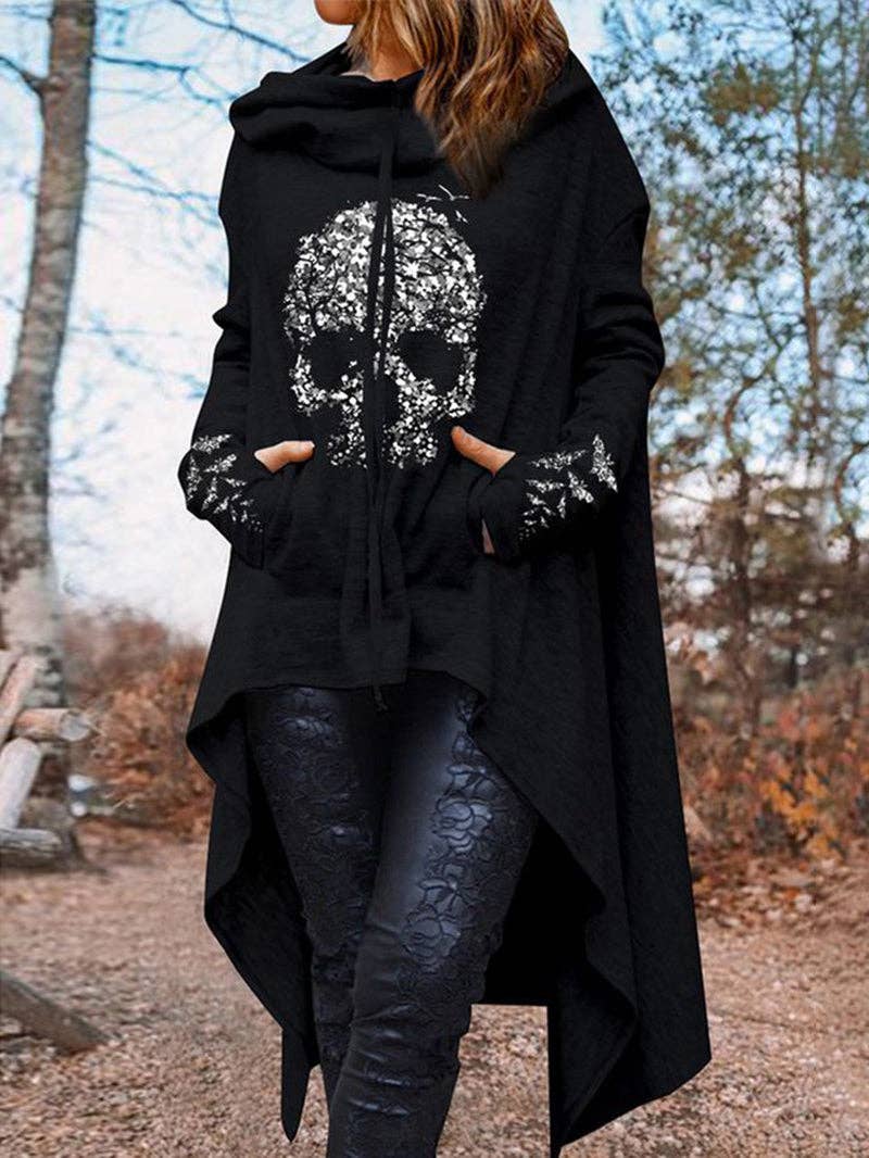 Black Punk Skull Print Irregular Hem Women's Hoodie for wholesale on Faire0