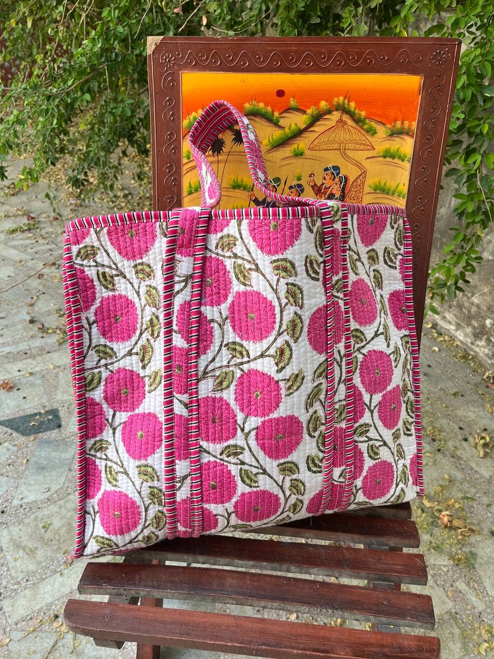 Bhawana Handicrafts – Engroshandel Tote bag - Dame – Blomstertrykt bomulds quiltet yogataske weekendtaske indisk