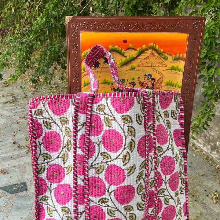 Bhawana Handicrafts – Engroshandel Tote bag - Dame – Blomstertrykt bomulds quiltet yogataske weekendtaske indisk 0