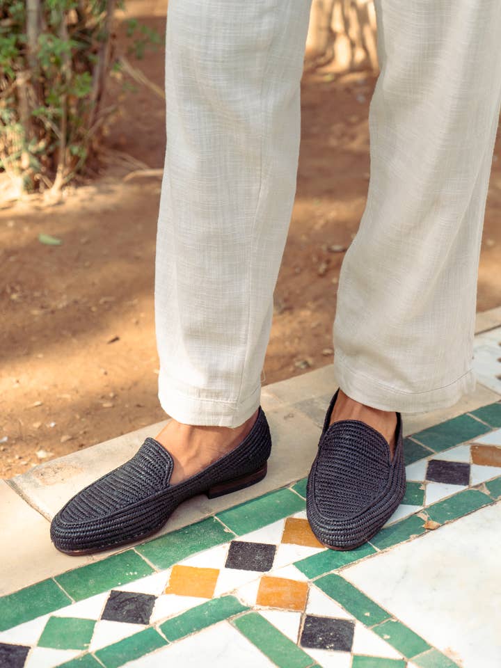 isli and tisli - Wholesale Loafers - Men's - Handmade Black Raffia Loafers for Men with Leather Sole 0