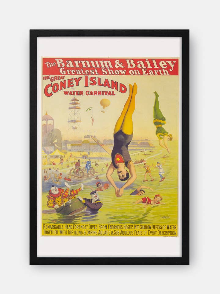 Barnum & Bailey's største show på jorden The Great Coney Island Water Carnival Vintage rejseplakattryk for engroshandel hos The Curious Desk