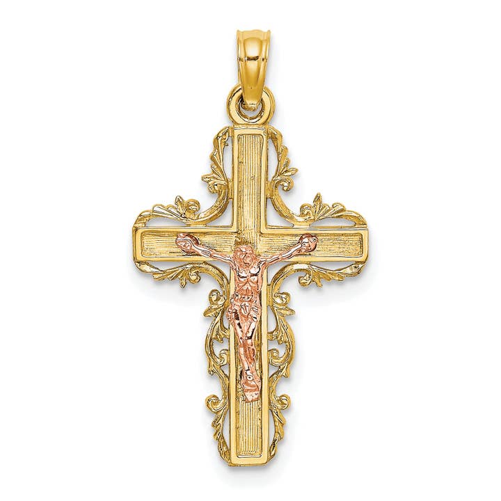 10K Two-Tone w/ Lace Trim Crucifix Charm for wholesale by Sophia Jewelers