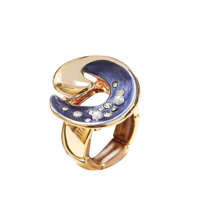 ANELLO ELASTICO LUNA SMALTATA CON STRASS E PERLE per la vendita all'ingrosso da parte di AMORINO SRL