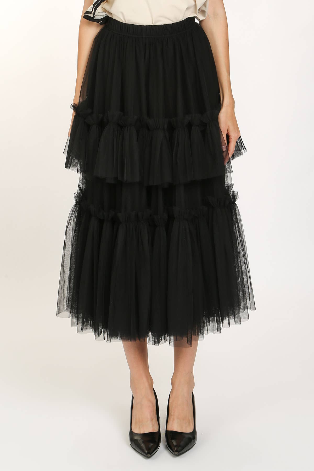 Svart Midi kjol med volanger i mesh PC5129 för wholesale på Faire0