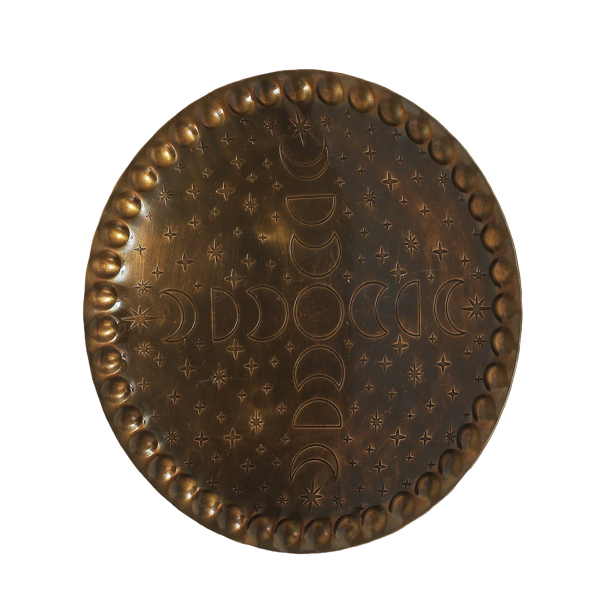 Vrinda - Wholesale Meditation Supplies - Brass Altar Plate Phases of Moon & Stars 6"2