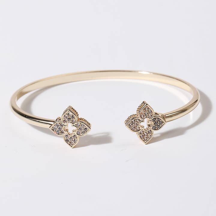 G CZ Four Leaf Clover Gold Plated Cuff Bangle for wholesale on Faire