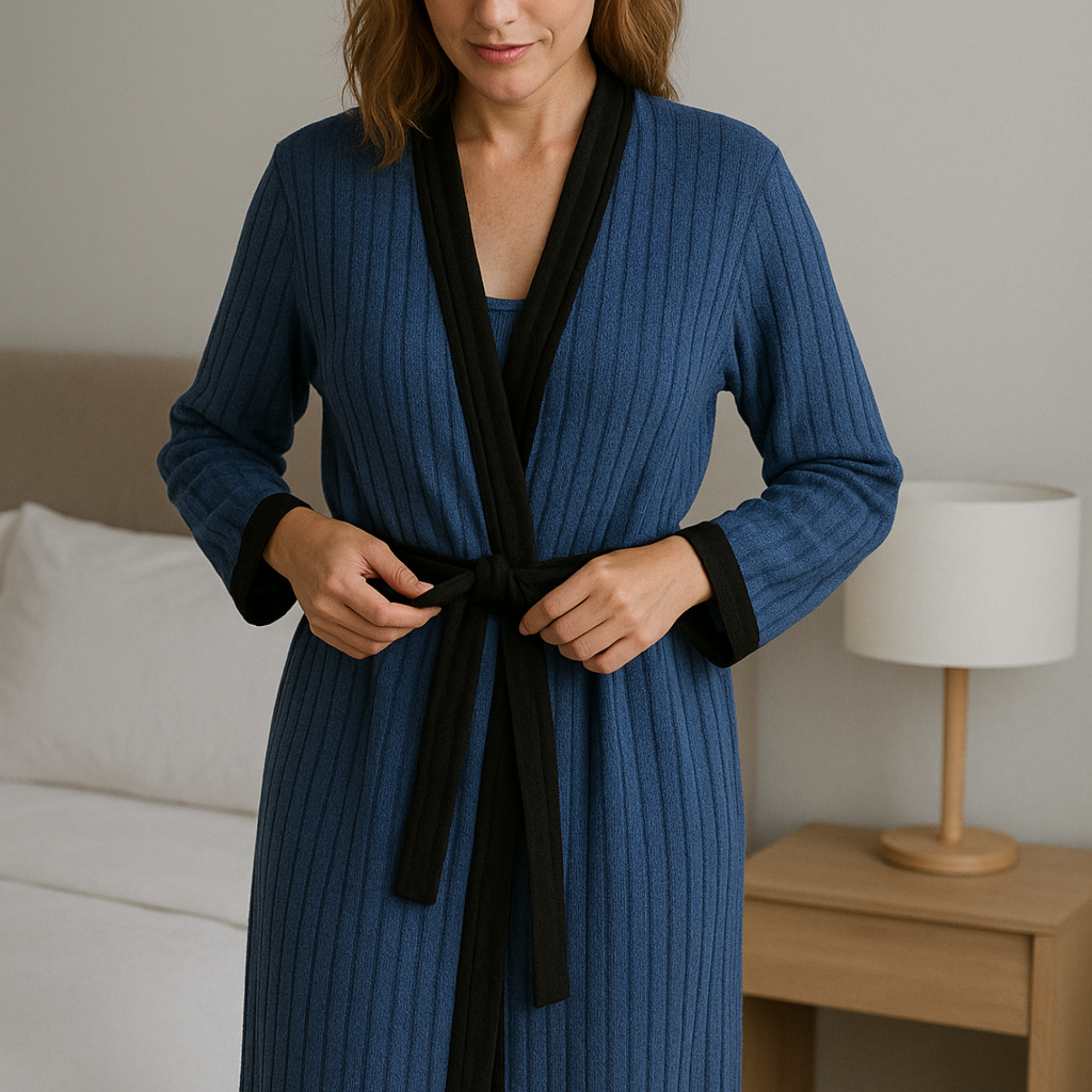 DrifWoo - Wholesale Robe - Women's - Ribbed Knit Lounge Robe with Contrast Trim – Cozy Elegance4