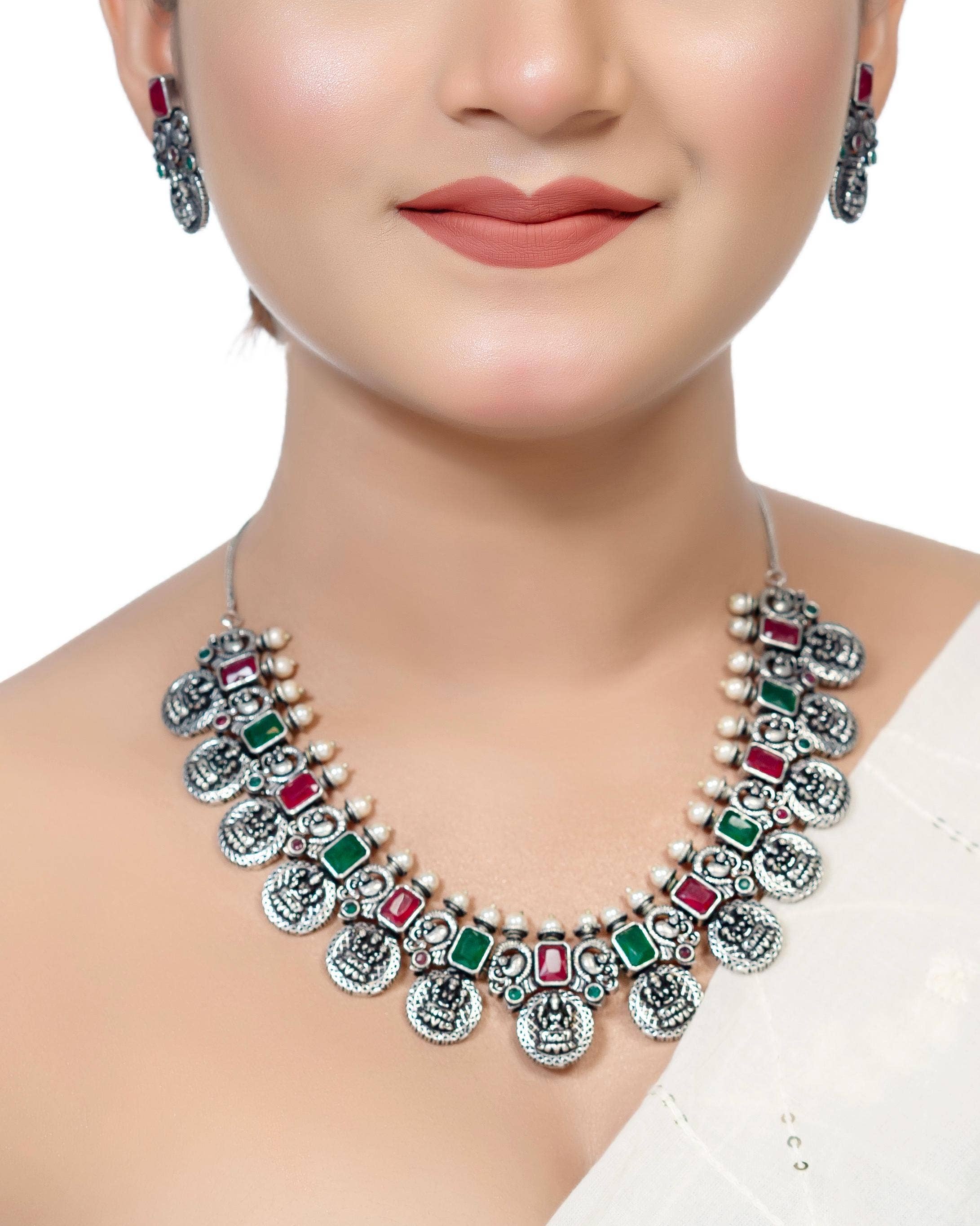 Vastrabhushan – wholesale Jewellery set – Indian Oxidised Stone Necklace Set Silver Plated Handmade3