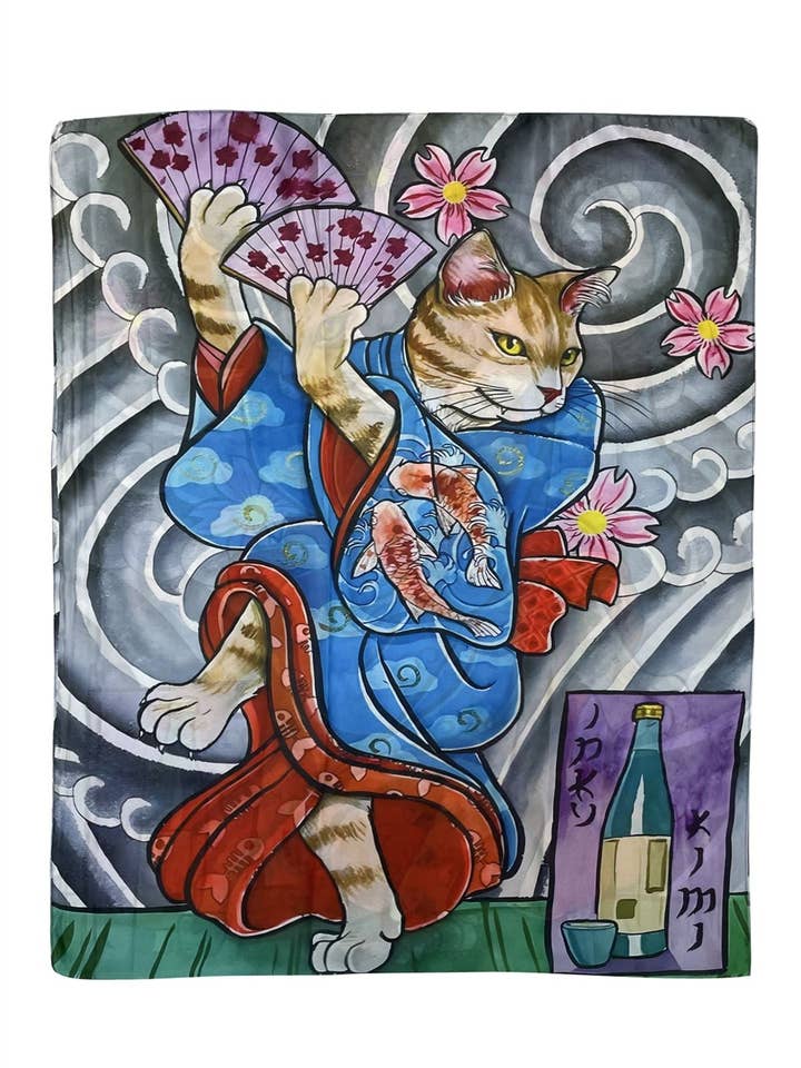 Japanese Cat Geisha Print Silk Scarf for wholesale by Fashion Scarf World