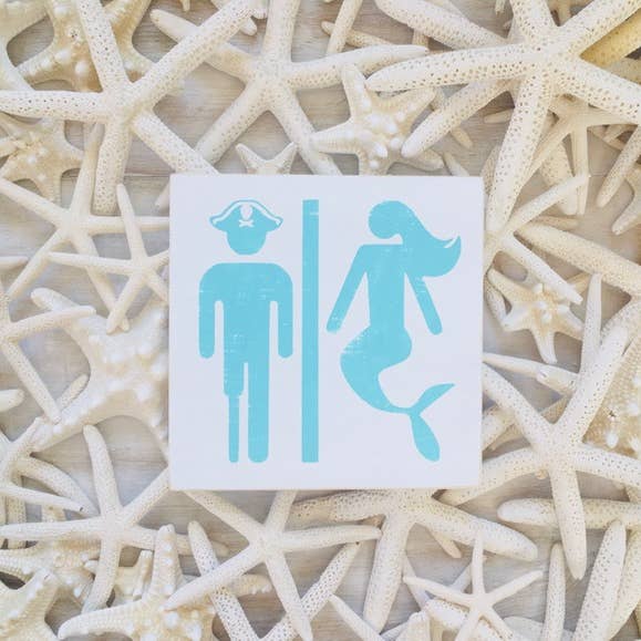 Mermaid and Pirate Bathroom Wood Sign for wholesale by Carlson's Custom Signs