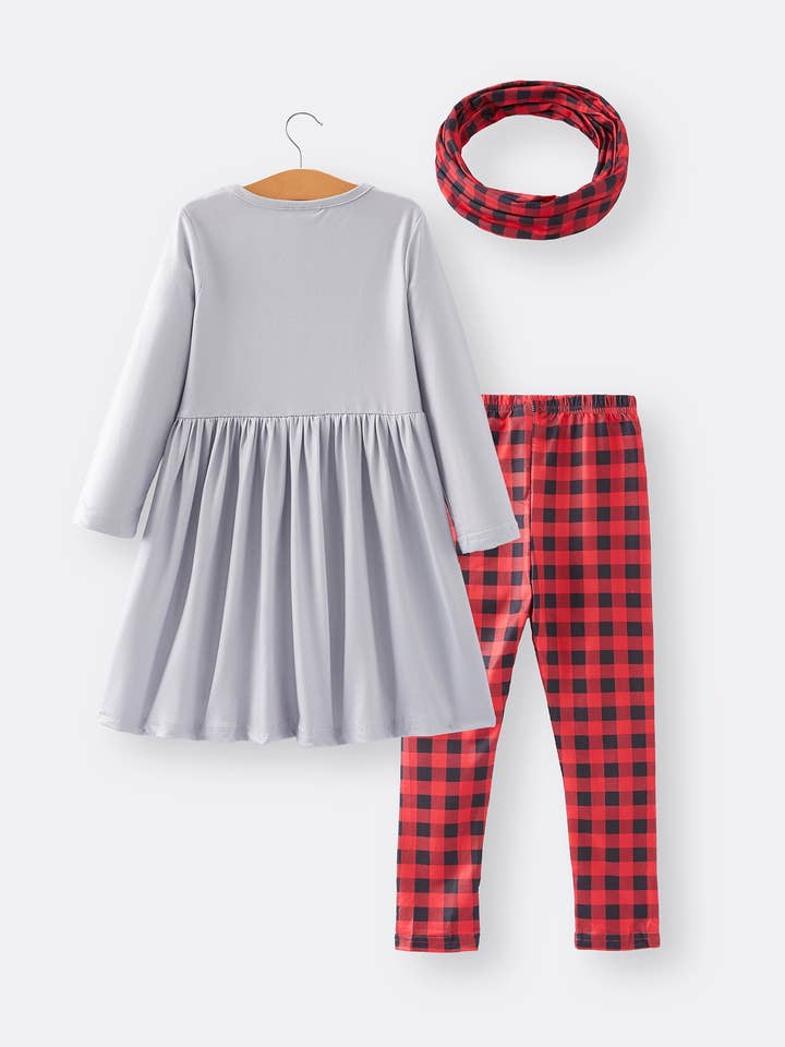 Rylee Faith Designs - Wholesale Top & Pant Set - Kids - Girls Christmas Plaid Outfit Set with Scarf