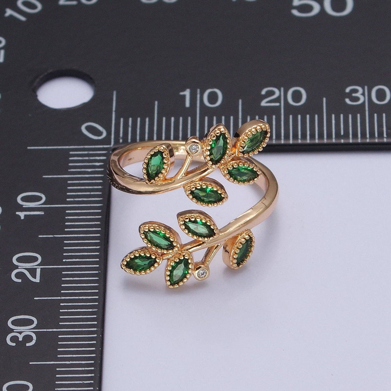 Aim Eternal - Wholesale Cocktail/Statement Ring - Gold Olive Leaf Ring Green Pave Olive Leaf Ring Adjustable Ring O-22101