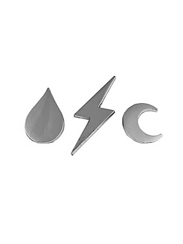 Silhouette Shapes Set of 3 Silver Pins Bolt, Moon & Drip Pin for wholesale by Born Rad Shop
