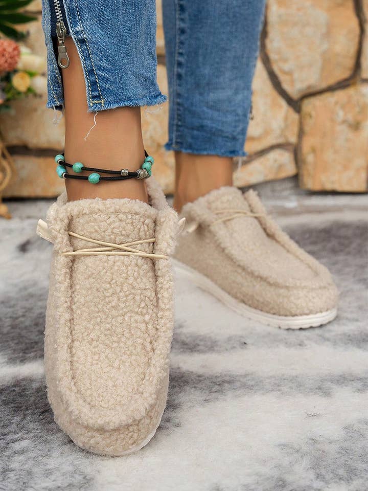 White Lace Up Detail Slip On Sherpa Shoes for wholesale on Faire1