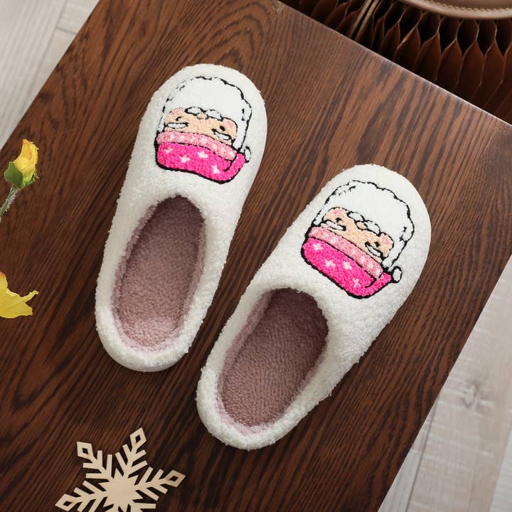 White Holiday Christmas Pink Santa Claus Plush Home Slippers for wholesale on Faire