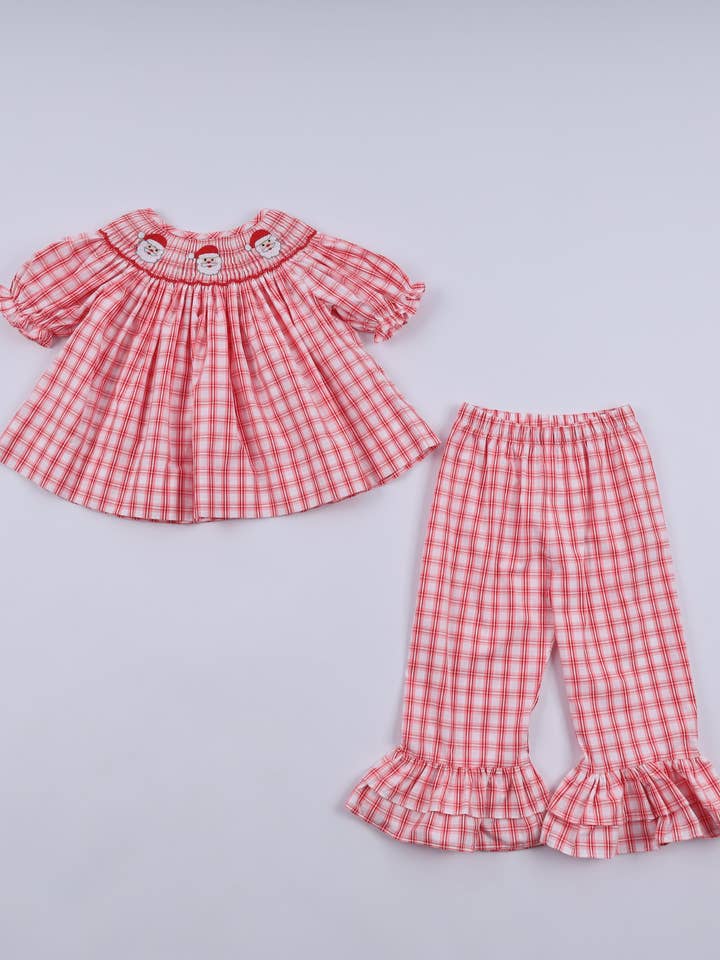 Red christmas santa claus hand smocked plaid ruffle pants set for wholesale by Mom & Co.