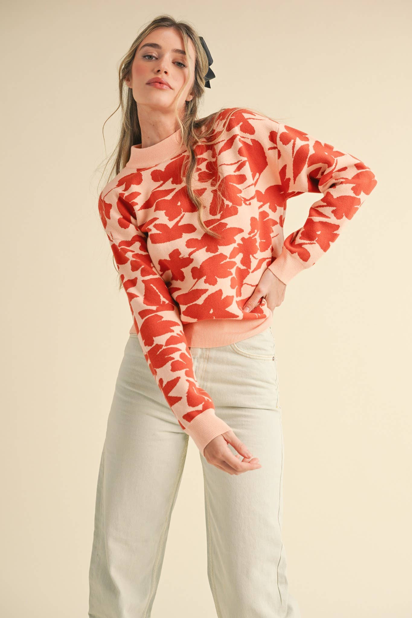 &MERCI - Wholesale Knit Sweater - Women's - MOCK NECK FLORAL KNIT SWEATER MSW1055815