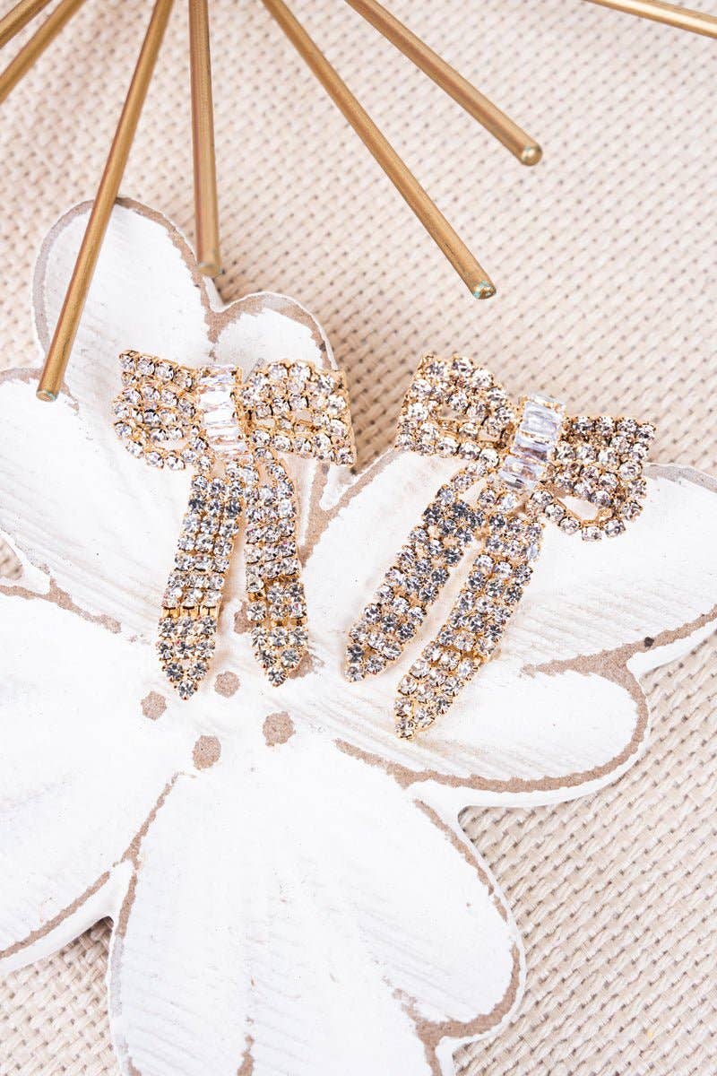Wholesale Accessory Market - Wholesale Dangle Earrings - Crystal Avenue Belle Of The Ball Sparkling Goldtone Bow Earrings