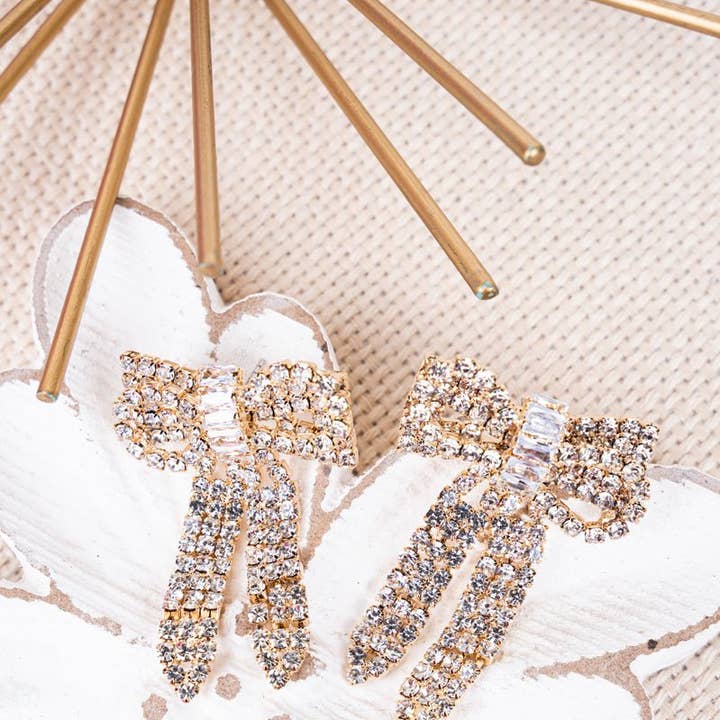 Wholesale Accessory Market - Wholesale Dangle Earrings - Crystal Avenue Belle Of The Ball Sparkling Goldtone Bow Earrings0