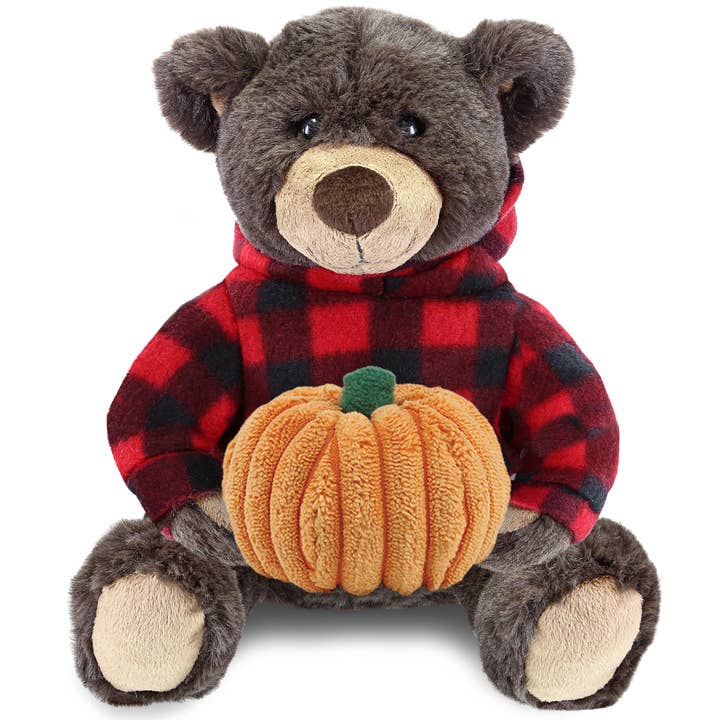 Plush Pumpkin Brown Bear with Red Plaid Hoodie for wholesale by Cota Global