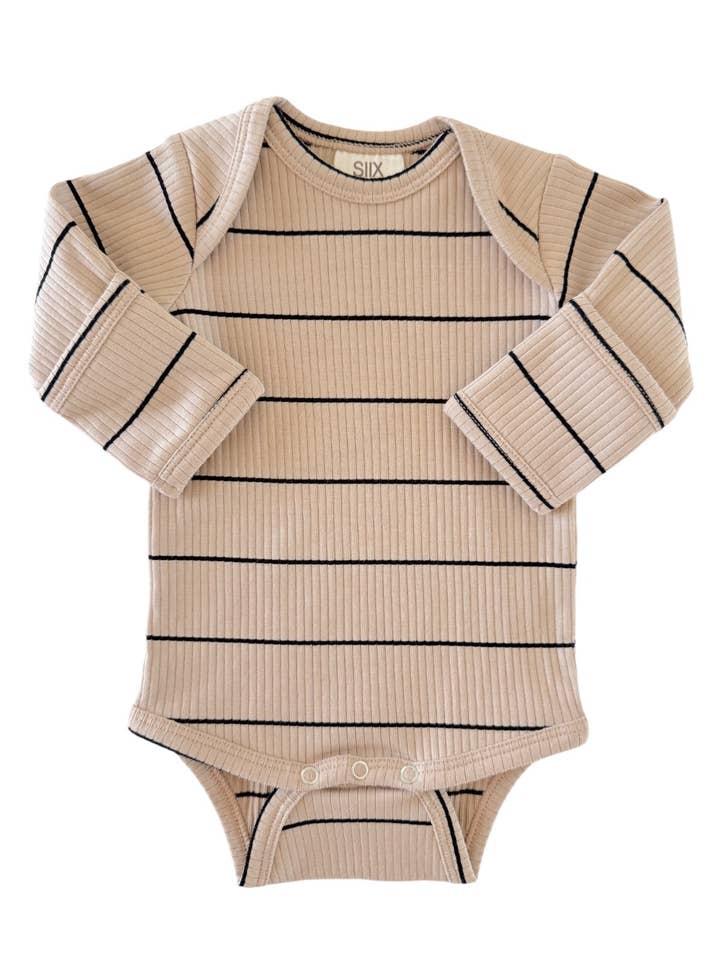 SIIX Collection - Wholesale Bodysuit (Non-Footed) - Baby - Tan/Black Stripe / Organic Ribbed Long Sleeve Bodysuit
