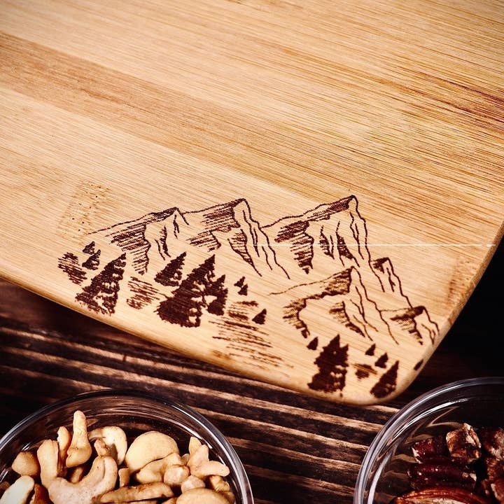 Mountain Forest Trees Bamboo Cutting, Chopping, Charcuterie Board for wholesale by Rustic Cedar Co