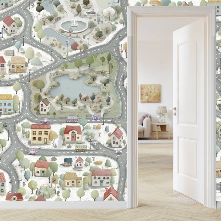 City Map Kids Wallpaper | Interactive Town Road Mural for wholesale by Prime Decor Wallpaper