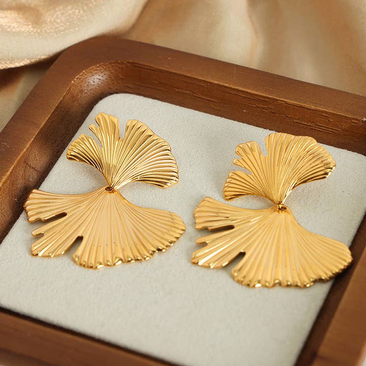 Katinki - Wholesale Dangle Earrings - Golden Ginkgo Leaf Statement Earrings