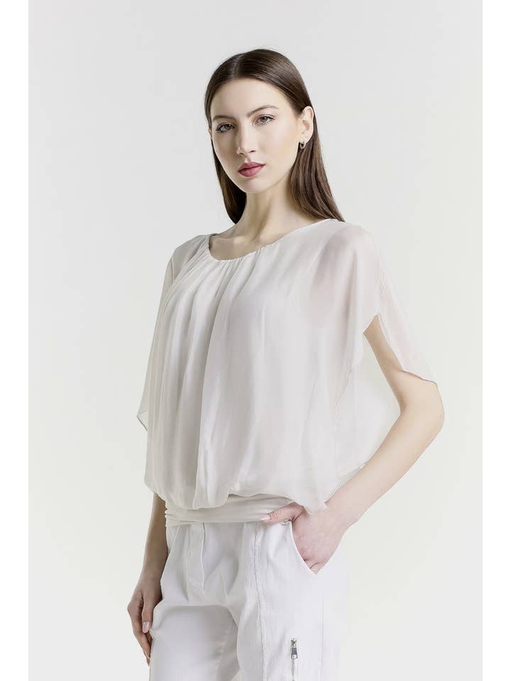 TINA Stephens Italy/Tees By Tina – Engroshandel Bluse - Dame – Aurora Flutter Fly Sleeve Silke Top m/Band Bund (BSS202)18