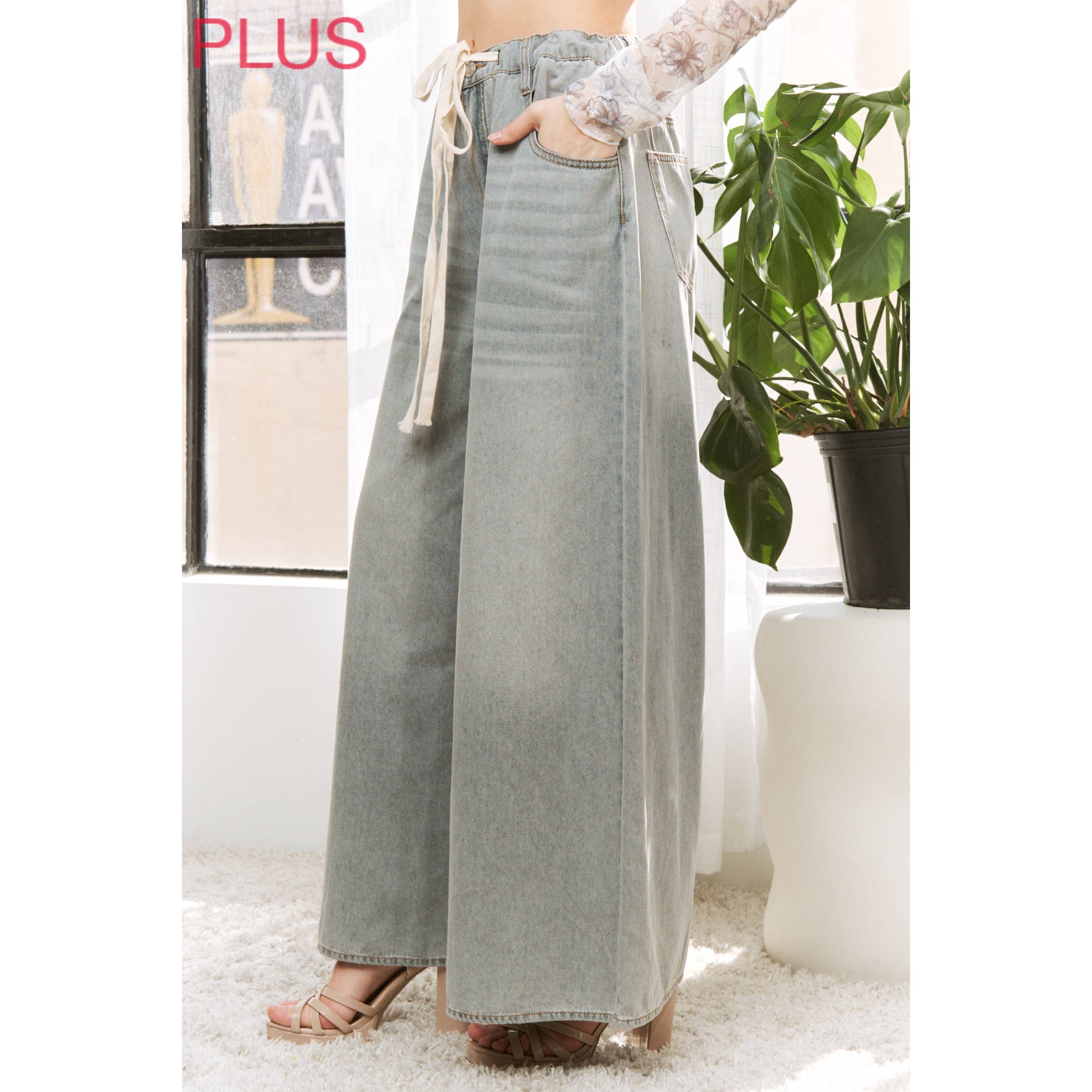 PLUS DENIM WIDE LEG OPENING PANTS WITH DRAWSTRING for wholesale on Faire6