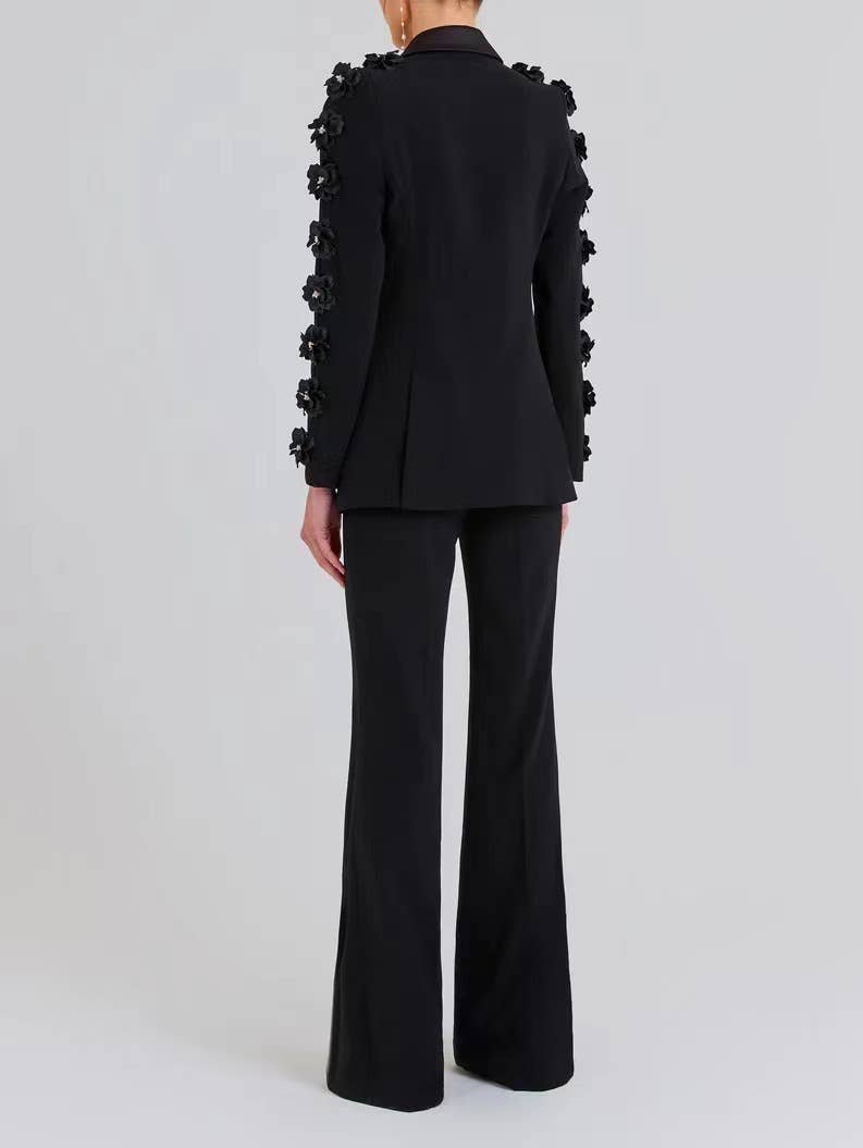 Black SET6-21 Elegant Floral Ruffle Blazer & Flare Pant Suit for wholesale on Faire2