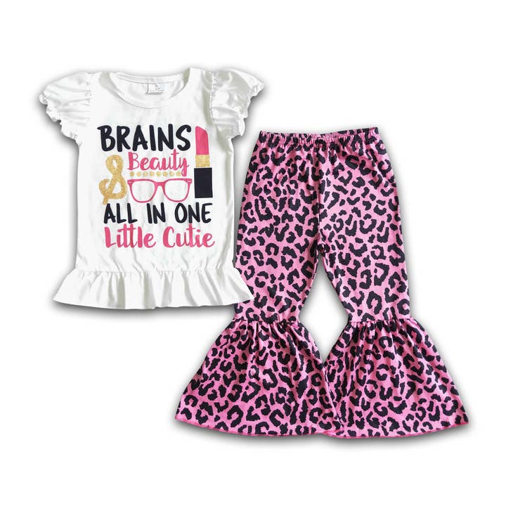 Brains beauty all in little one cutie leopard girls clothing set for wholesale by Yawoo Garments