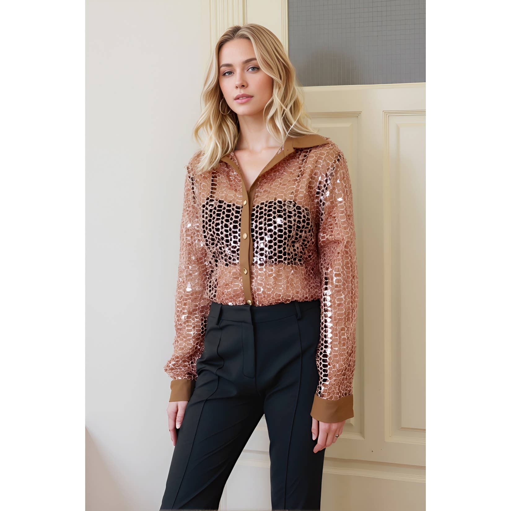 XHHH Inc - Wholesale Shirt - Women's - X9342CT Sequin Button-Up Shirt0