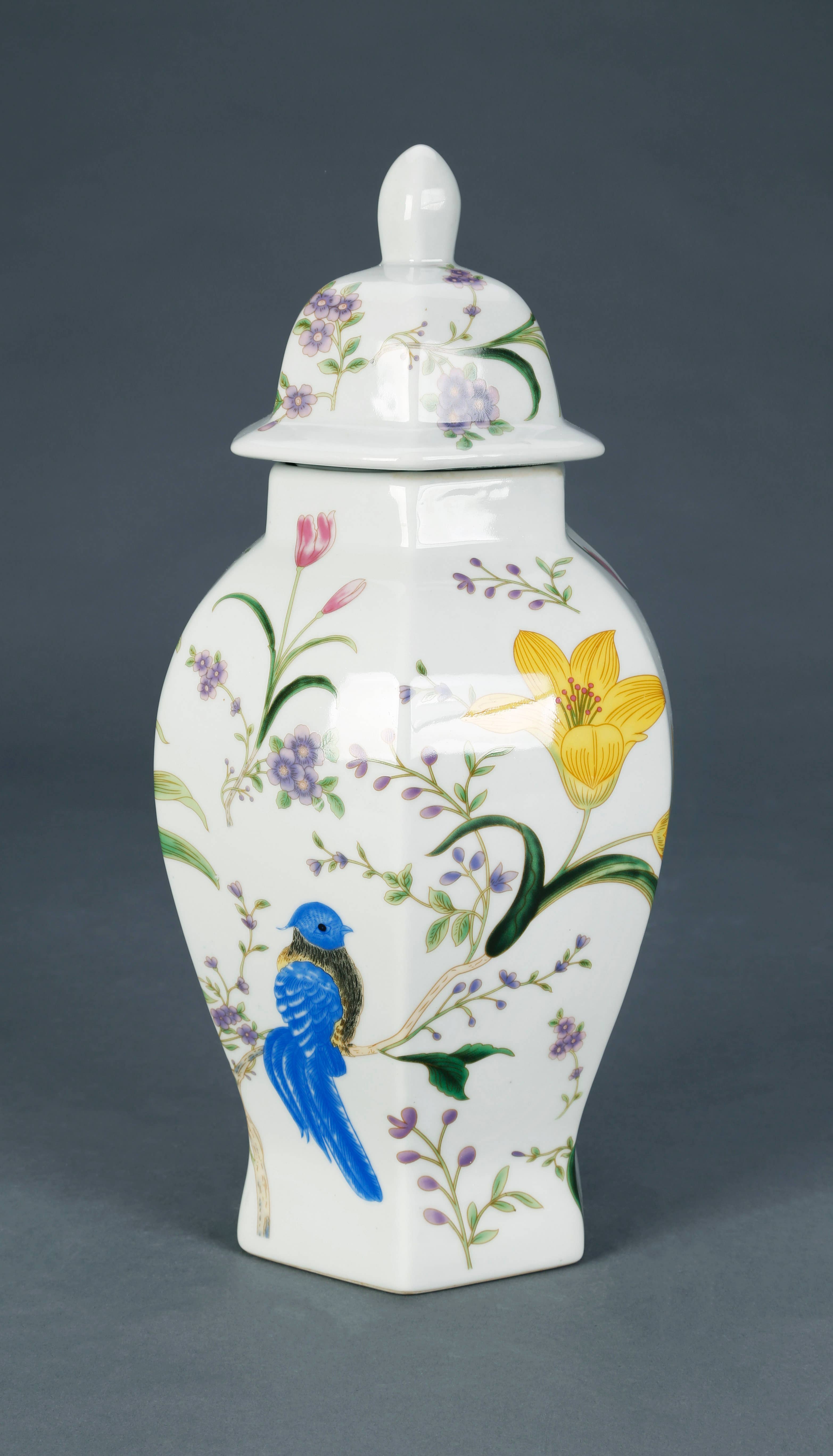 AA Importing - Wholesale Decorative Jar - Birds and Flowers Hexagonal Ginger Jar with Lid0