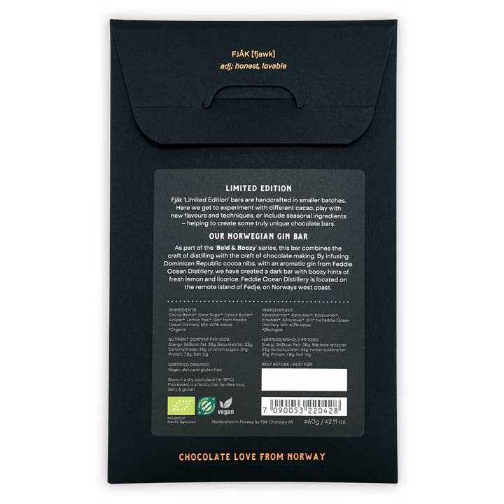 Bar & Cocoa Chocolate - Wholesale Chocolate Bar - Fjåk Dark Chocolate w/ Norwegian Gin 60% (Organic)